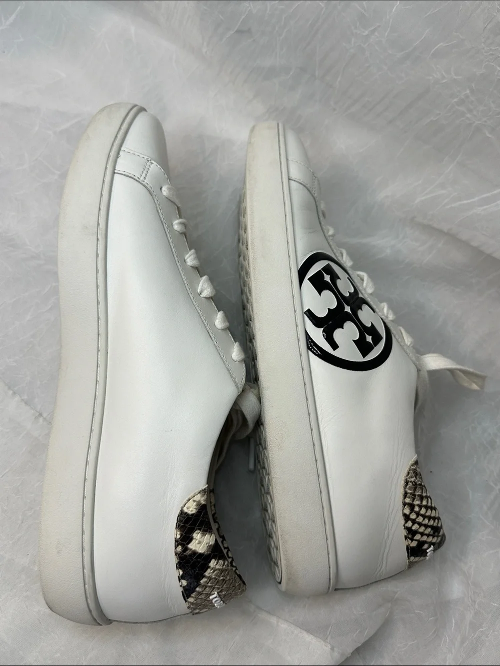 Tory Burch Leigh White Leather Sneakers with Black T Logo and Snake-Print Heel